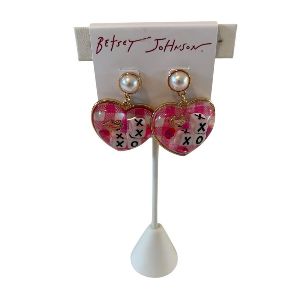 Betsey Johnson XO Pink & White Heart Dangle Earrings